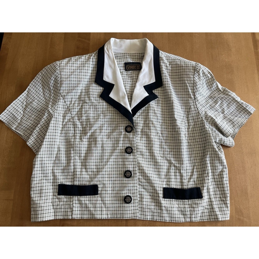 Virgo II Women's 14 Vintage Plaid Short Sleeve Blazer Jacket Black White Crop
